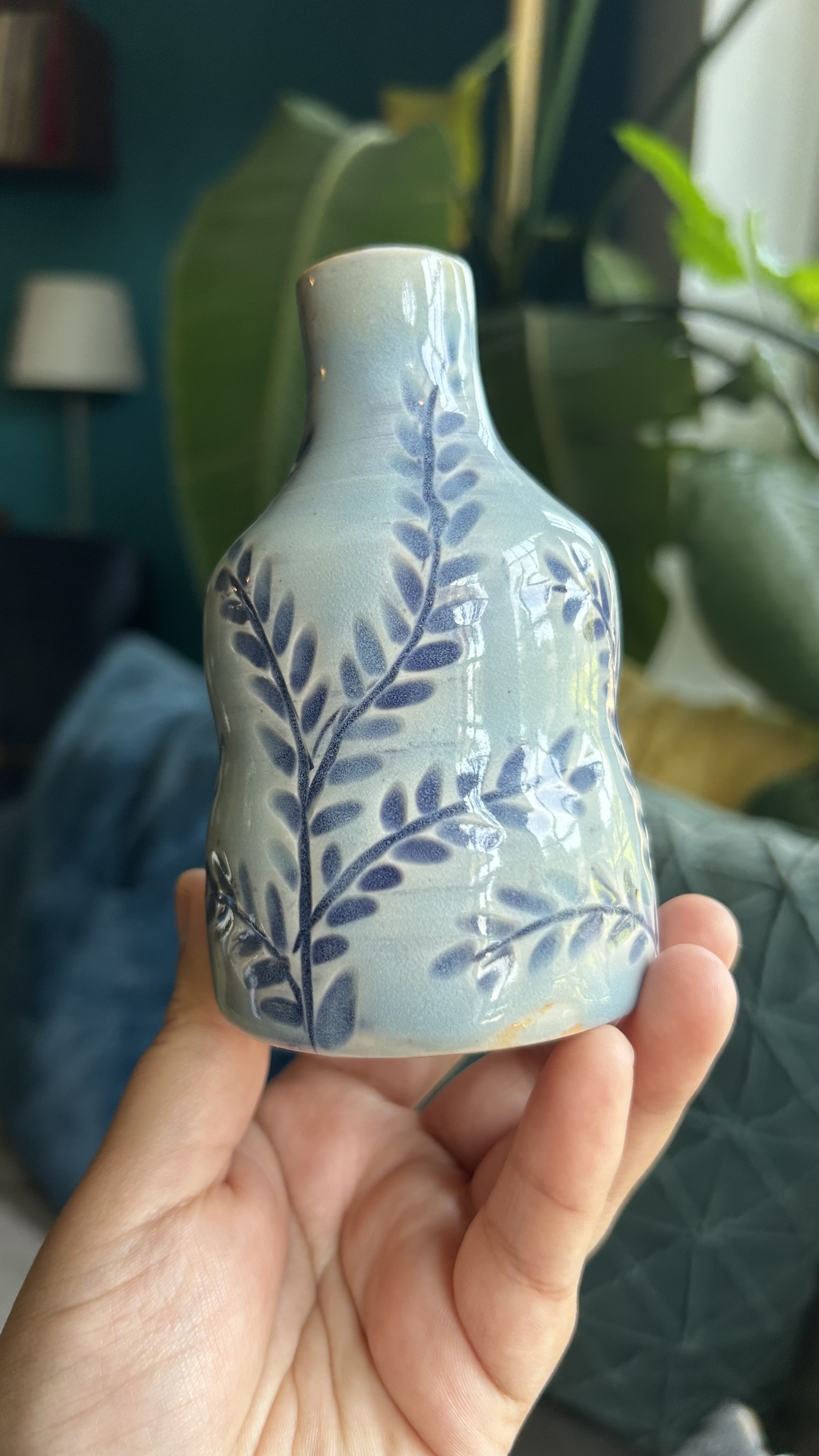 Misery Loves Pottery blue leaf bud vase